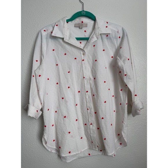 LOFT Womens White Dobby Heart Embroidered Button Down Shirt Size M Red Hearts - Picture 3 of 12